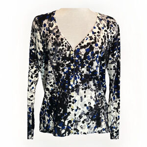 212 Collection Womens Large V Neck Cardigan Sweater Black White Blue Preppy